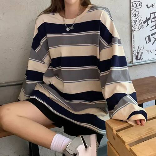 女士宽松条纹长袖T恤免烫处理
