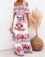 length shoulder print Full dress 休闲一字肩印花大摆连衣长裙