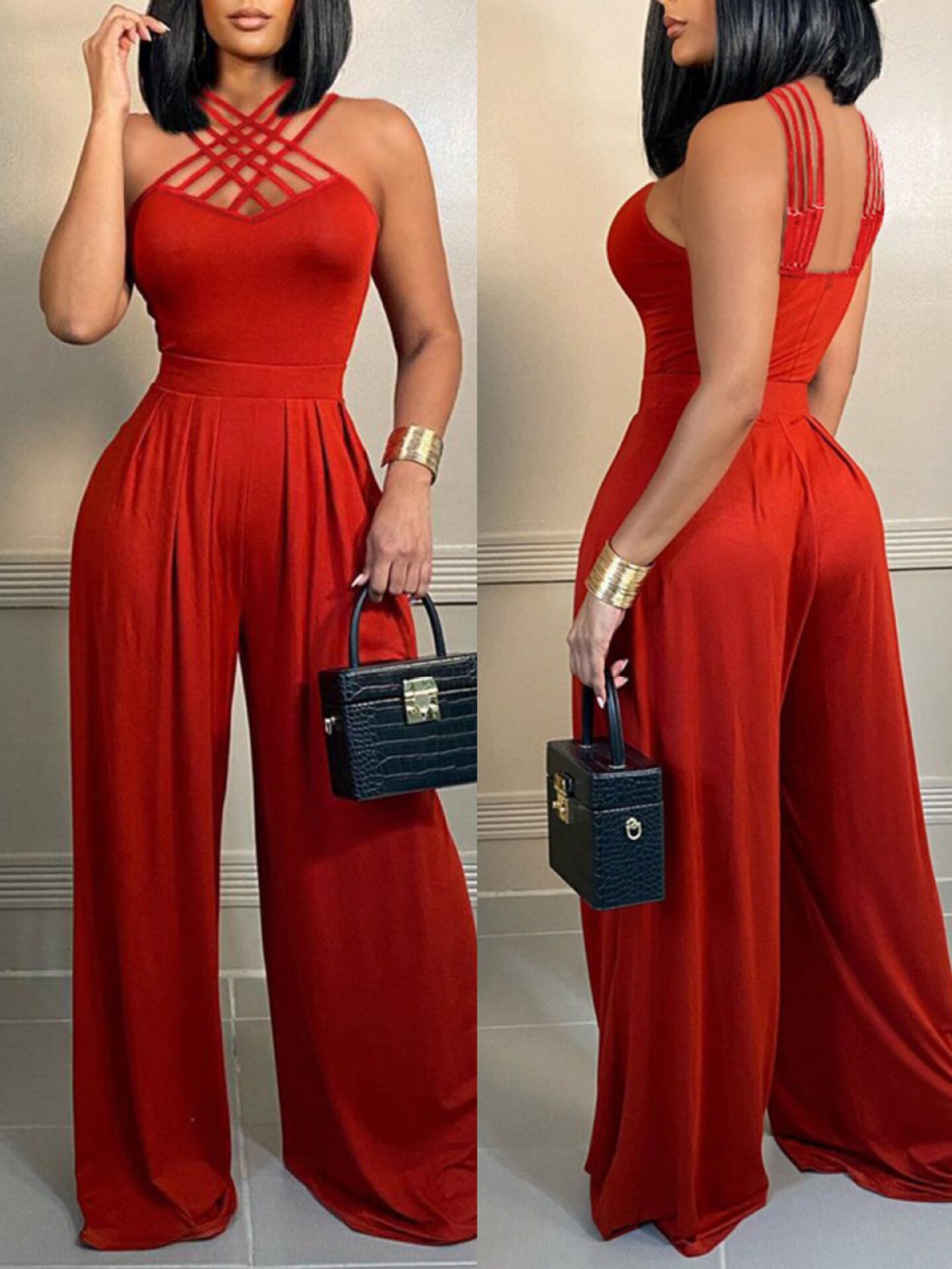 Sexy multiple strap wide leg jumpsuit   性感多肩带阔腿连体裤