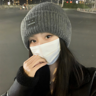 笑脸帽子女冬季保暖羊毛针织毛线帽宽松大头围灰色包头月子帽冷帽