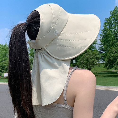 护颈披肩一体防晒帽子女可扎马尾