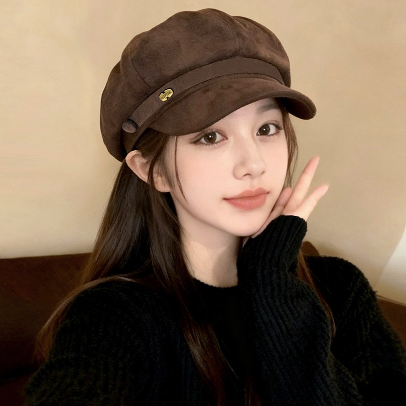 2025新款麂皮绒贝雷帽女秋冬显脸小百搭报童帽大头围鸭舌八角帽子