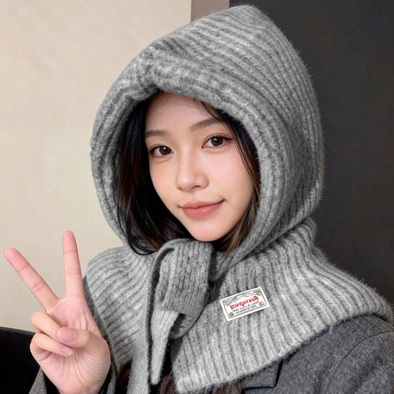 巴拉克拉法帽子围脖一体女冬季保暖羊毛针织毛线帽大头围连帽围巾