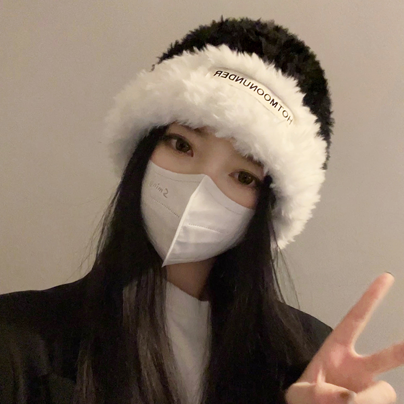 韩系拼色毛茸茸毛线帽女冬季保暖护耳帽子加绒加厚针织帽大头冷帽