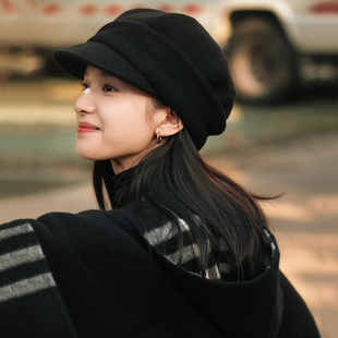 张婧仪同款黑色八角鸭舌帽女秋冬保暖复古贝雷帽高级感报童画家帽