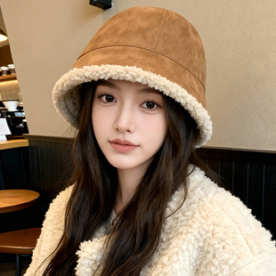 麂皮绒渔夫帽女2025新款 秋冬加厚羊羔毛保暖棉帽子大头围毛绒盆帽