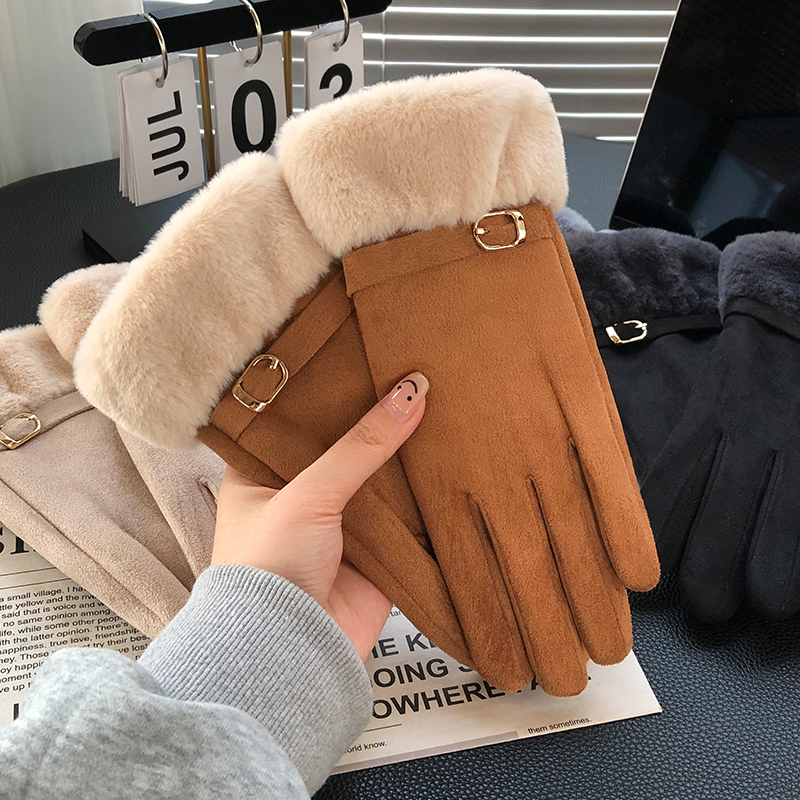 麂皮绒手套女士冬季保暖加绒触屏