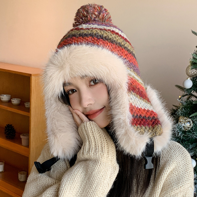 可爱毛球帽子女秋冬季加绒保暖护耳针织帽东北加厚骑行防寒雷锋帽