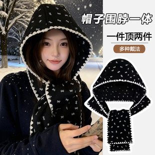 东北保暖棉帽子围巾一体女秋冬季 加厚护耳防寒连帽围脖骑车套头帽