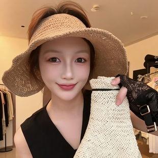 2026新款手工草编空顶帽女夏季大帽檐遮阳沙滩帽海边度假防晒草帽