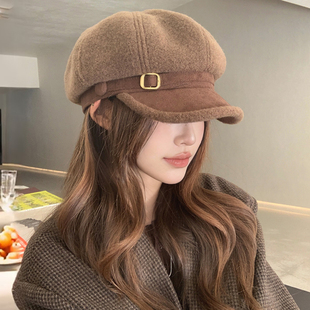 韩系羊羔绒八角帽子女款2025新款冬季显脸小贝雷帽保暖鸭舌报童帽