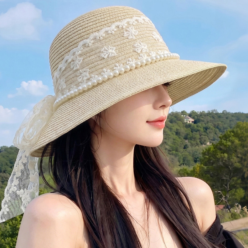 法式珍珠蕾丝草帽女夏季大帽檐遮阳帽显脸小度假海边防晒草编凉帽