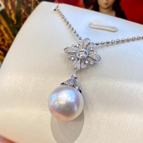 真科研维纳斯证书宫廷风质感露珠边澳白吊坠14-15mm正圆极微瑕