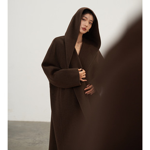 伯乐生活 大衣女 冬新高级御姐感牦牛绒连帽慵懒美拉德风纯双长款