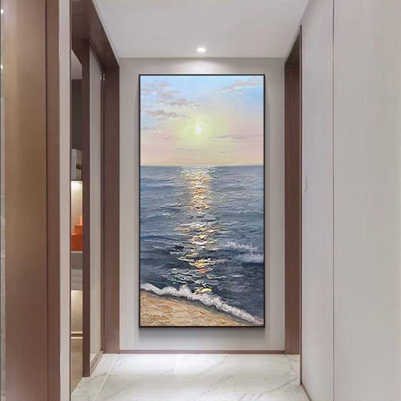 玄关海景装饰画风景竖版壁画过道手绘油画入户走廊挂画现代简约