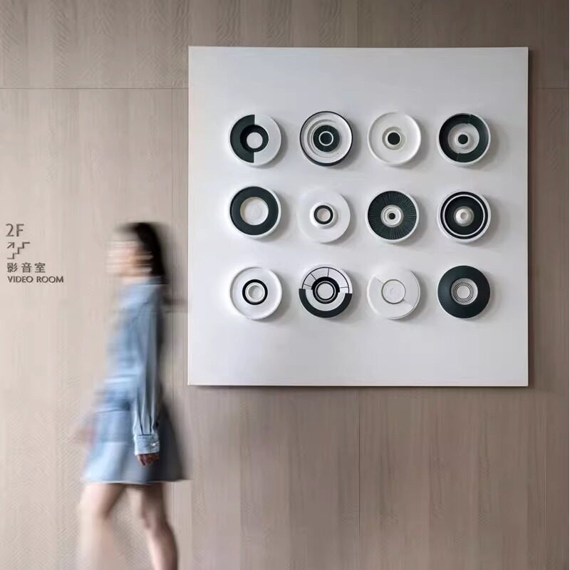 现代客厅过道雕刻装饰画黑白灰大厅墙壁画3d立体小众方形玄关挂画