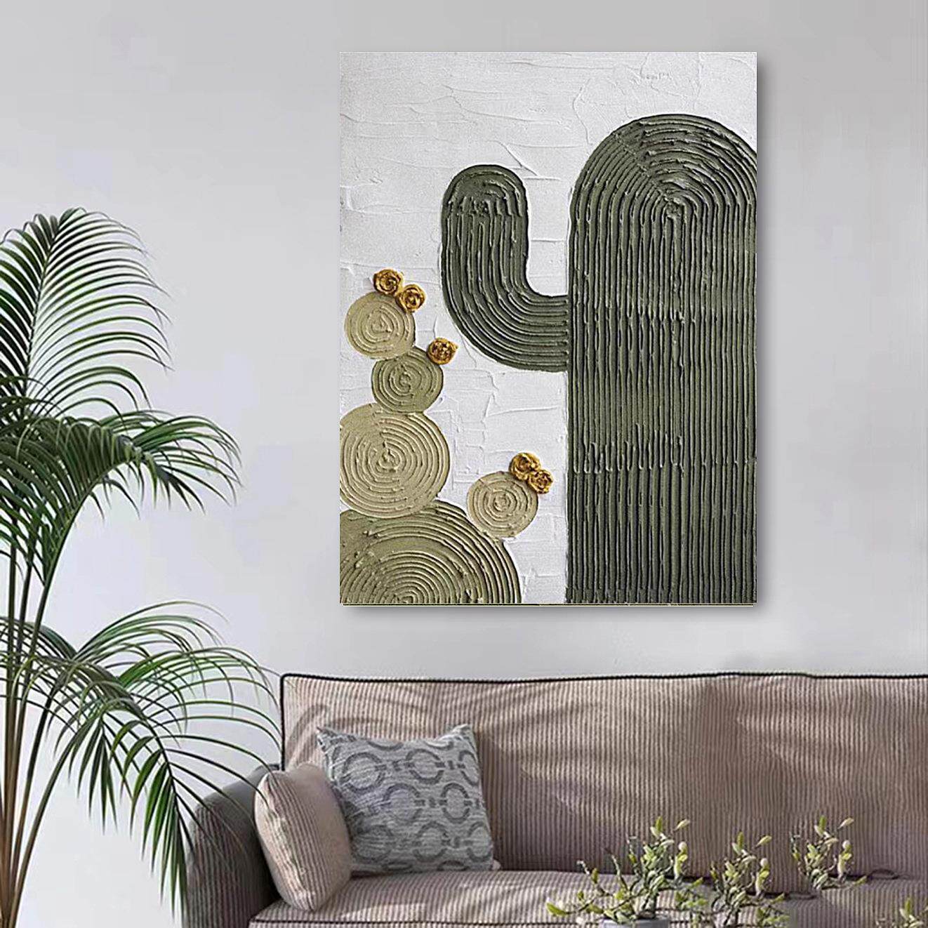 意式极简风客厅装饰画手绘油画绿植仙人掌肌理画入户玄关艺术挂画