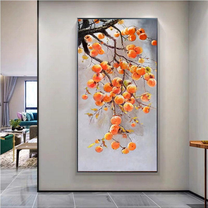 玄关走廊尽头装饰画过道柿子挂画竖版手绘油画新中式现代简约大气