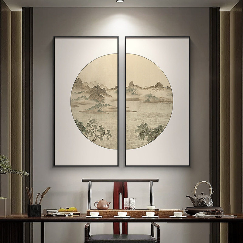 新中式茶室装饰画两联玄关走廊挂画大气画山水画客厅背景墙壁画