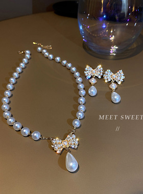 925银针耳环韩国镶钻珍珠蝴蝶结项链女小众设计感套装耳饰气质女