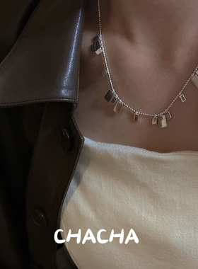 茶茶925纯银韩版小众设计感方块片片项链复古INS风简约抽拉锁骨链