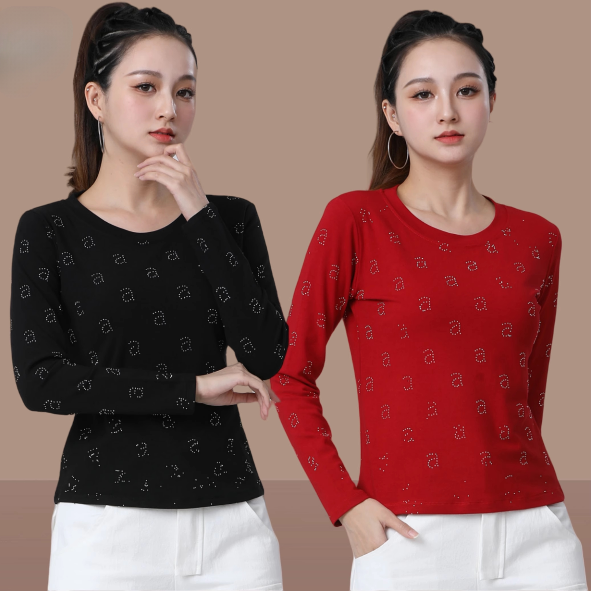 广场舞服装上衣满钻A字衣圆领打底运动健身跳操服上衣大码女春秋