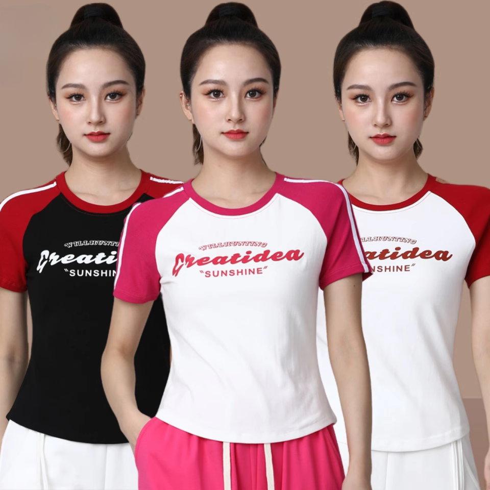 2024夏季短袖广场舞服装新款跳舞上衣大码健身操跳操服上衣棉女