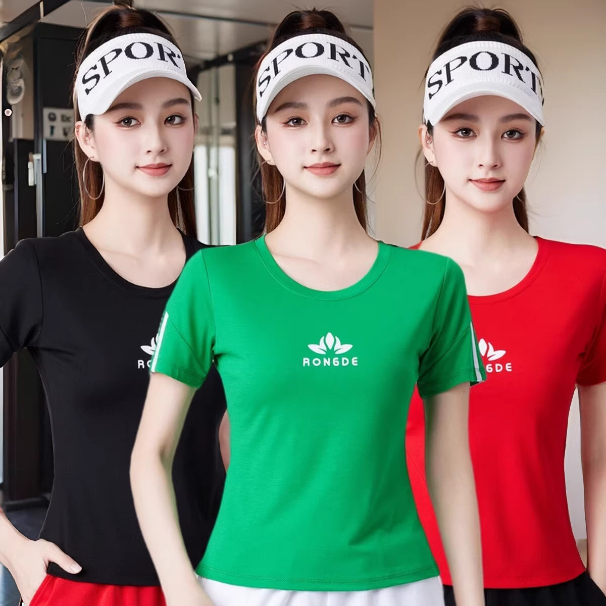 广场舞时尚圆领短袖上衣2024夏季团体跳操服大码健身上衣鬼步舞女
