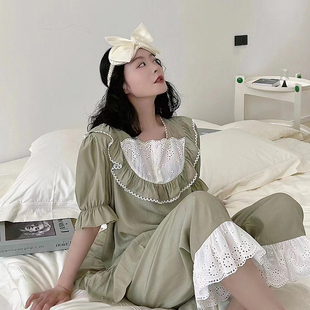 维安花密睡衣女夏季款短袖长裤套装宽松可外穿棉薄款公主风家居服