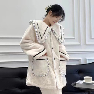 维安花密睡衣2022年新款冬季加厚珊瑚绒宽松加绒中长款居家服套装