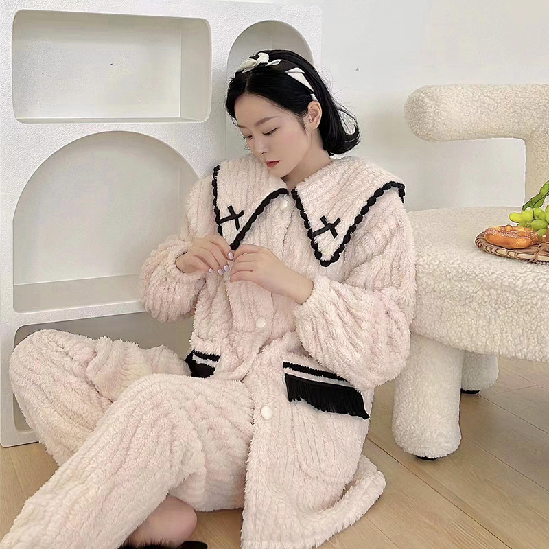 维安花密格子睡袍亲肤御姐法兰绒睡衣女加厚珊瑚绒秋冬保暖家居服