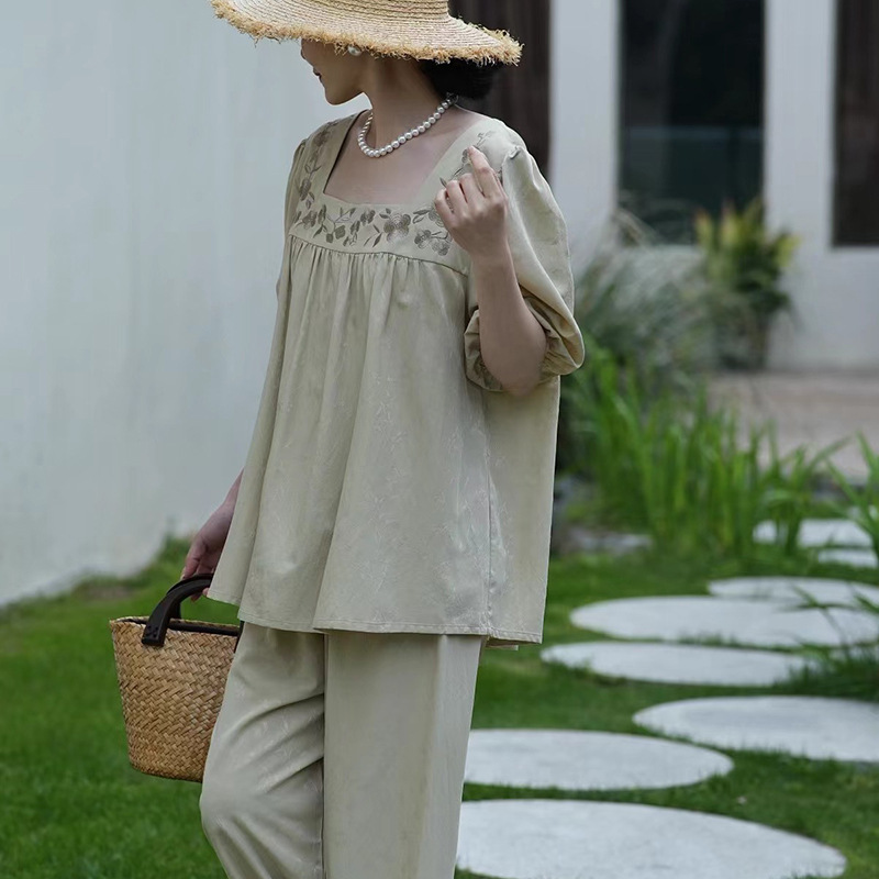 维安花密夏季夏款蝴蝶刺绣睡衣女飞飞袖小吊带家居服睡裙长裤