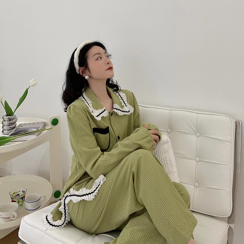 维安花密古风新中式国风睡衣女高端气质绿色盘扣高级感家居服套装