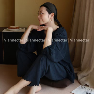 维安花密睡衣女春秋款长袖长裤家居服套装纯棉可外穿休闲简约纯色
