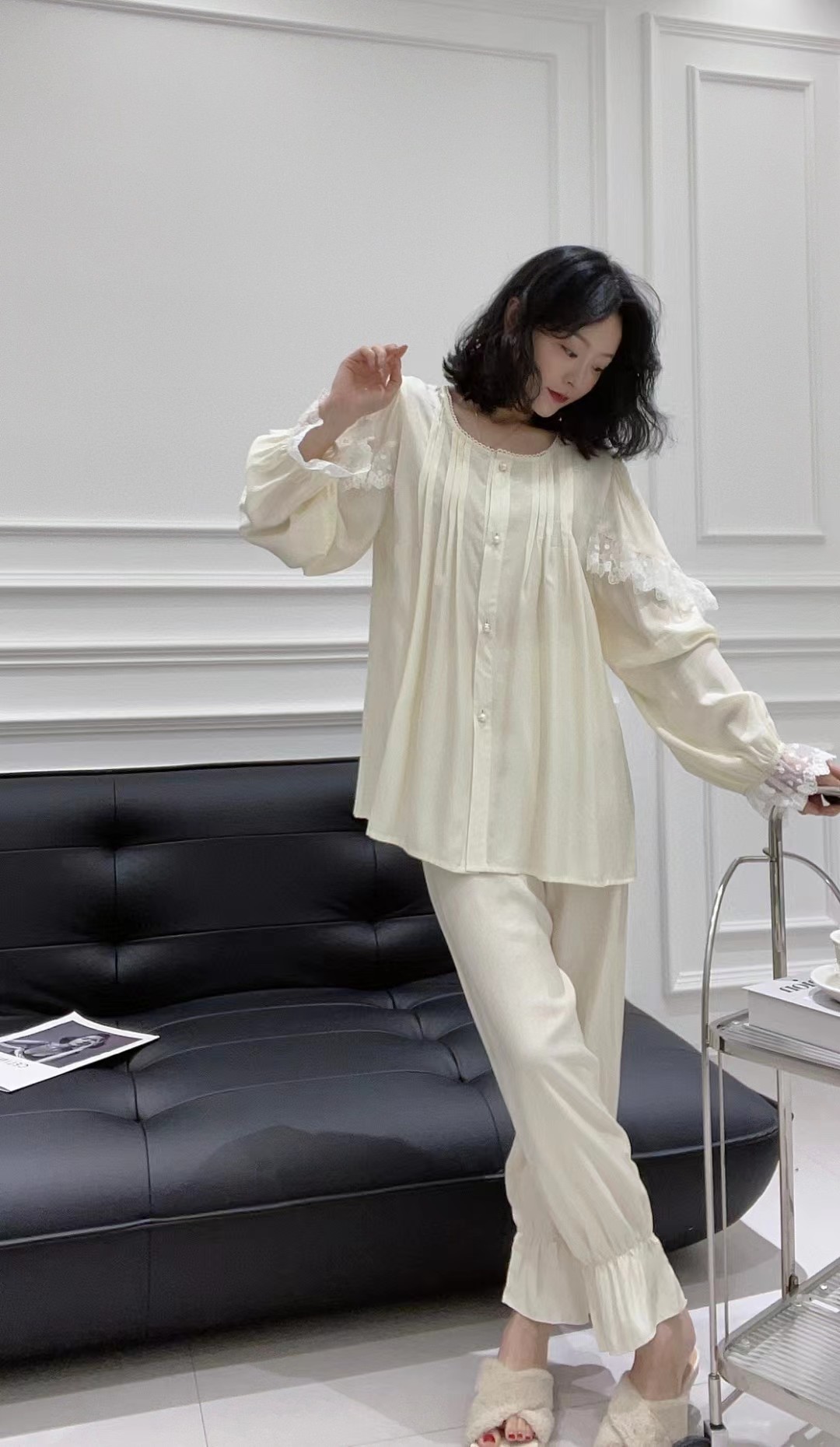维安花密2023年新款纯色睡衣女春秋长袖丝绵贡缎宫廷风家居服套装