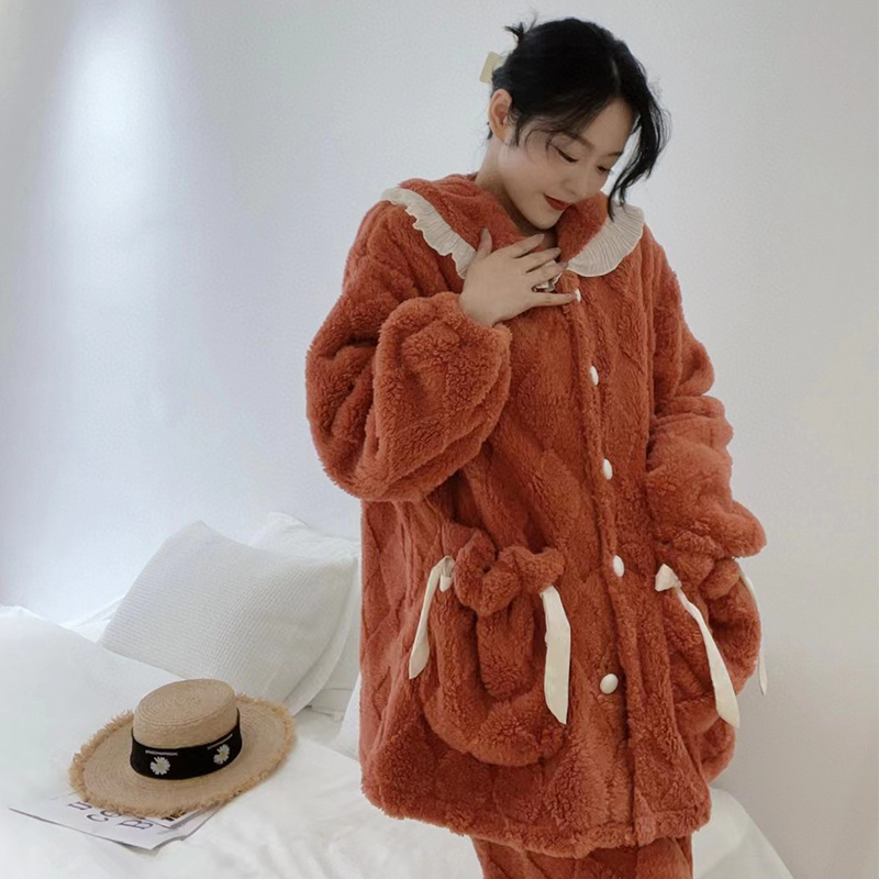 维安花密娃娃领加厚保暖睡衣女亲肤御姐珊瑚绒家居服秋冬款孕妇月