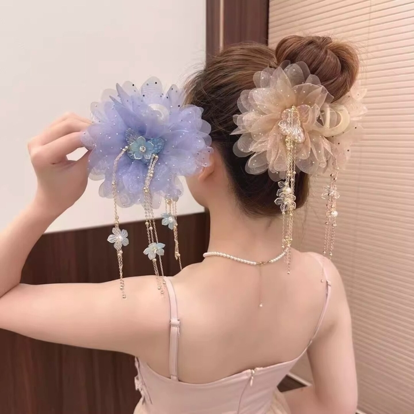 流苏发夹高级感发夹后脑勺蓝色流苏蝴蝶网纱花朵抓夹盘发头饰发卡