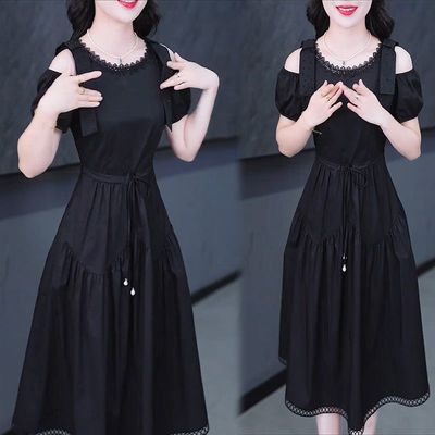 时尚连衣裙女2025夏季新款优雅大气减龄收腰显瘦简约过膝中长裙女