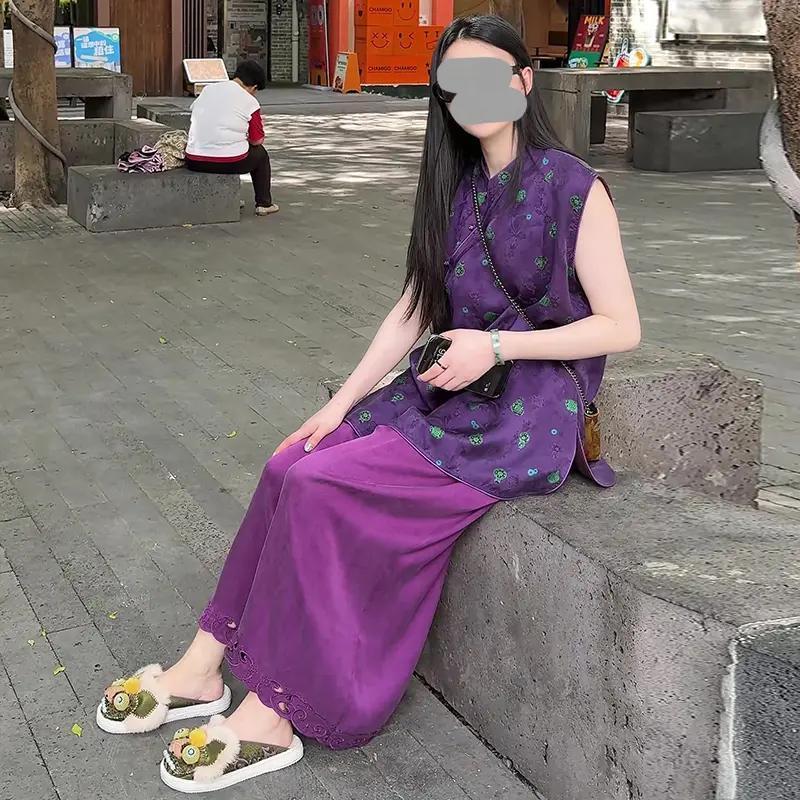 2025新款夏日绝美套装新中式国风盘扣印花马甲上衣阔腿裤两件套女