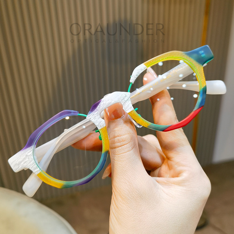 多巴胺百搭多色拼料眼镜框板材圆形男女可配近视度数平光变色潮款