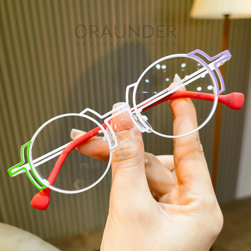 彩色超轻纯钛近视眼镜框圆形细框男女瘦脸可配近视度数防蓝光变色