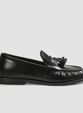 3BLK 意大利进口头层牛皮薄底乐福 开边珠流苏褶皱皮鞋