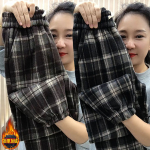 冬季加绒加厚毛呢格子休闲裤女士高腰直筒束脚保暖显瘦九分哈伦裤