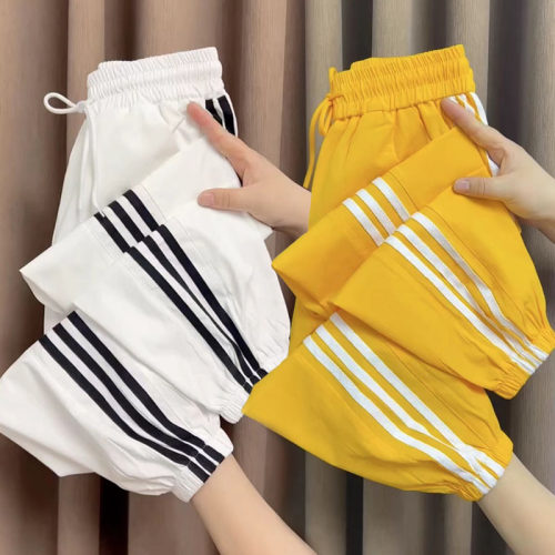 韩版高腰牛奶丝束脚九分运动裤