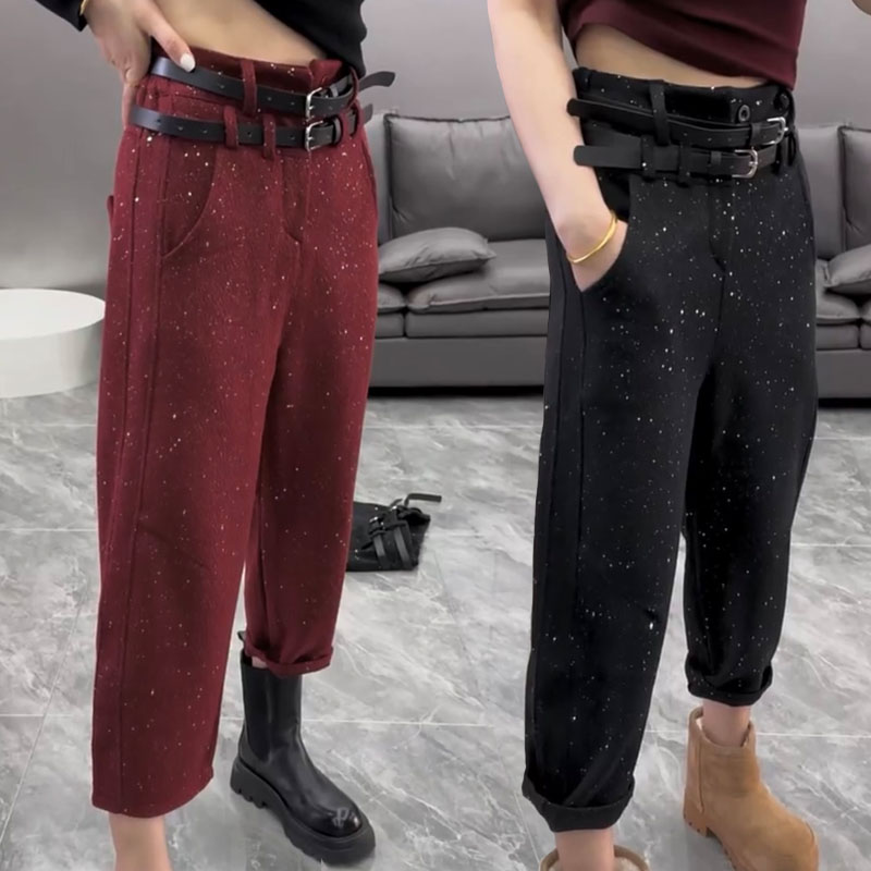 欧货亮片羊毛呢哈伦裤女早春新高腰宽松直筒休闲时尚百搭九分靴裤