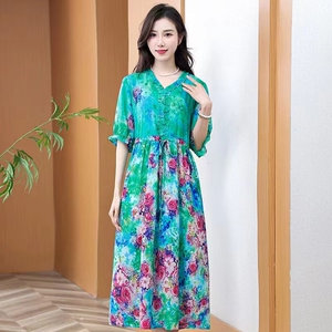 气质妈妈装连衣裙夏季长款大码双绉印花裙子显瘦抽绳收腰中袖女装