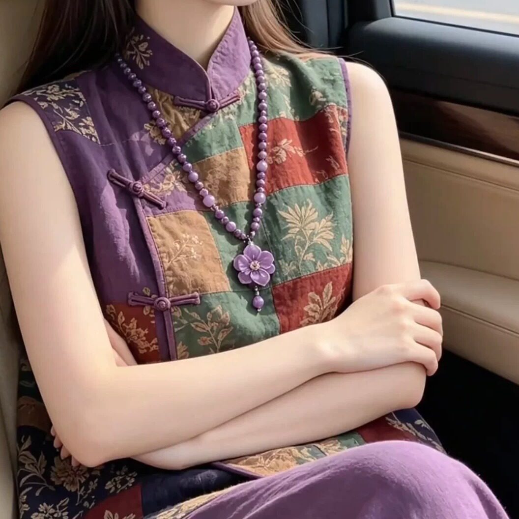 夏季新中式印花马甲阔腿裤套装女