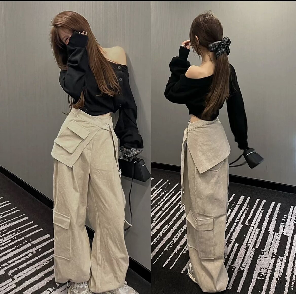 2026新款辣妹高级感黑色斜肩上衣女春季工装风阔腿裤百搭两件套