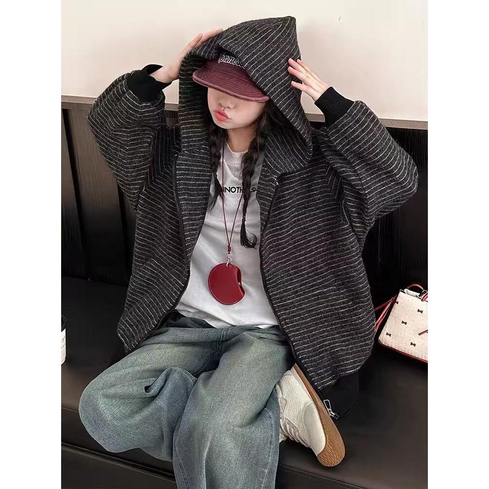 美式复古2025早秋新款条纹拉链开衫连帽卫衣男女情侣重磅外套