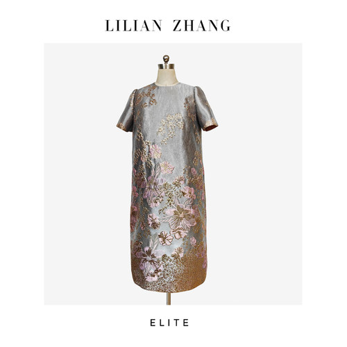 LILIANZHANG定制人间富贵提花复古轻奢风Aline中长连衣裙2401207